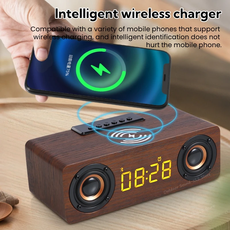 Multifunction Desk Table Led Digital Display Alarm Clock FM Radio Blue-tooth BT 5.0 Speakers with Cell Phone Wireless Charger