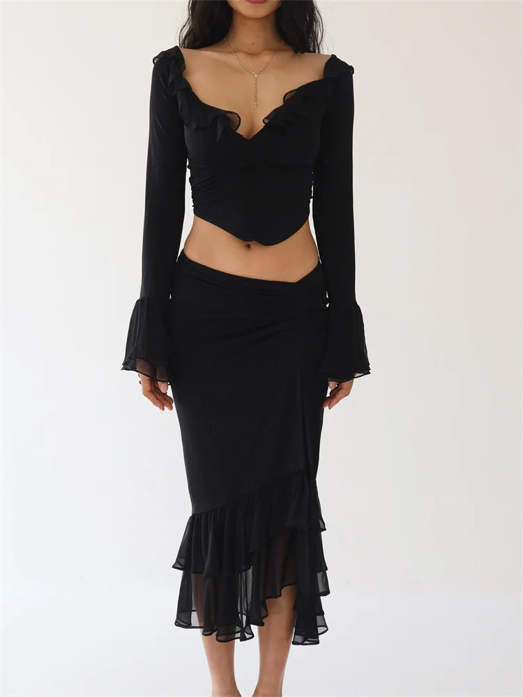 

CHRONSTYLE Women Y2K Ruffles 2 Pieces Skirts Sets Off Shoulder Sheer Mesh Shirts Tops Irregular Hem Split Skirts Streetwear 2023