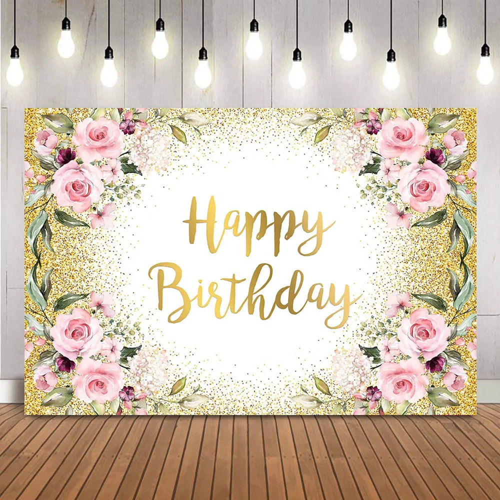 

Gold Glitter Floral Backdrop for Photography Happy Birthday Party Decoration Supplies Background for Photo Studio Kids Children