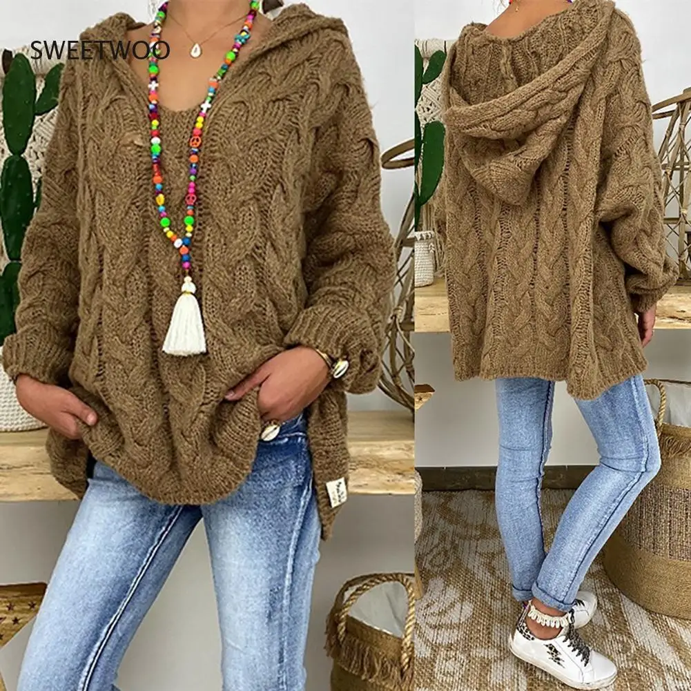 

Women Autumn Solid Color Long Sleeve Braided Hooded Pullover Knitted Sweater