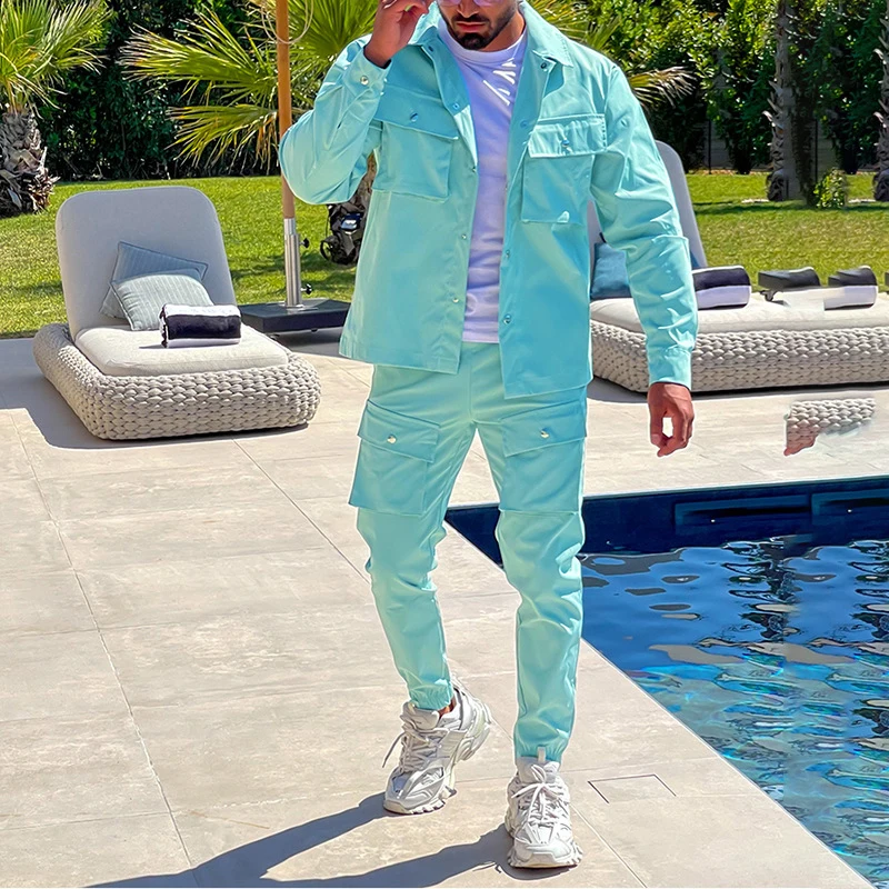 Men's Jacket Cargo Pants Set with Pocket Button Spring Autumn Tracksuit High Quality Solid Color Male Fashion 2 Pieces Suit