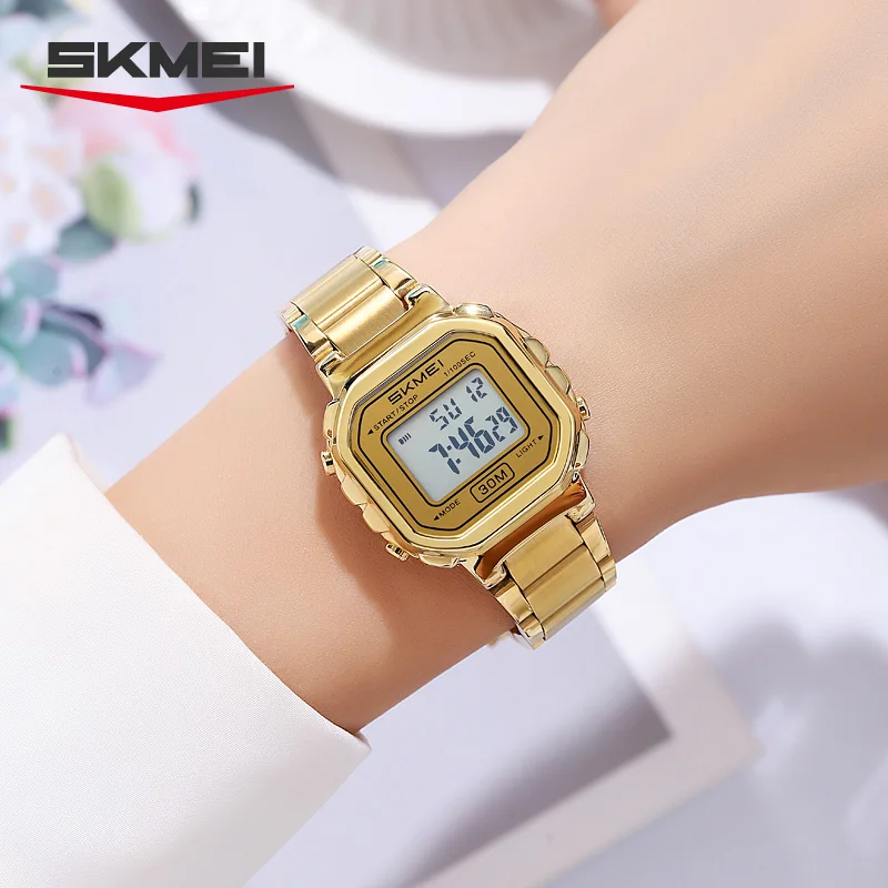 SKMEI 2387 Luxury Stainless Steel Digital Womens Watch Fashion Sport Waterproof Electronic Watch for Women 1433 Reloj Mujer