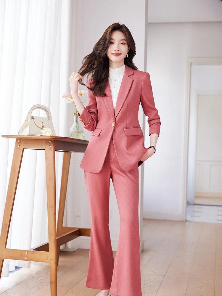 Pink Women's Pants Suits With Long Jackets Pink Blue Black