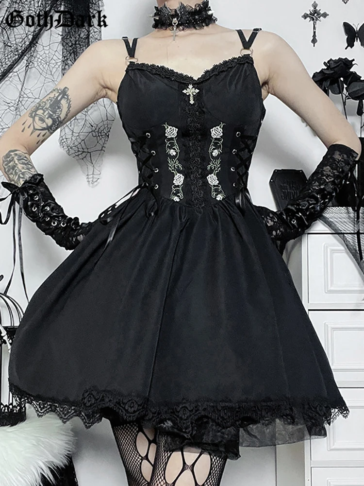 Goth Dark Lolita Gothic Aesthetic Bandage Corset Dresses Grunge Style Black Embroidery Emo Dress Women A-line Party Alt Clothes