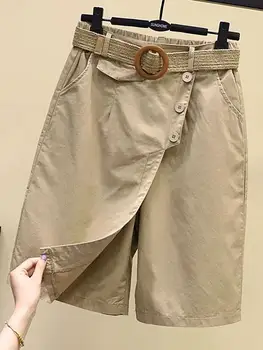 Casual Cotton Linen Wide Leg Pants Skirt Workwear Loose Fit Five-Button Decorative mid Waist Straight Cut Breathable Summer S...