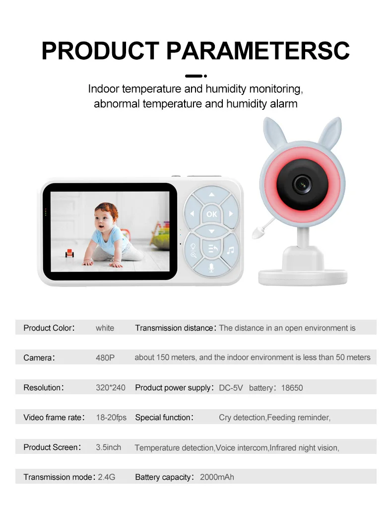 Baby monitor with VOX mode night vision full color lights sound alarm smart baby surveillance camera