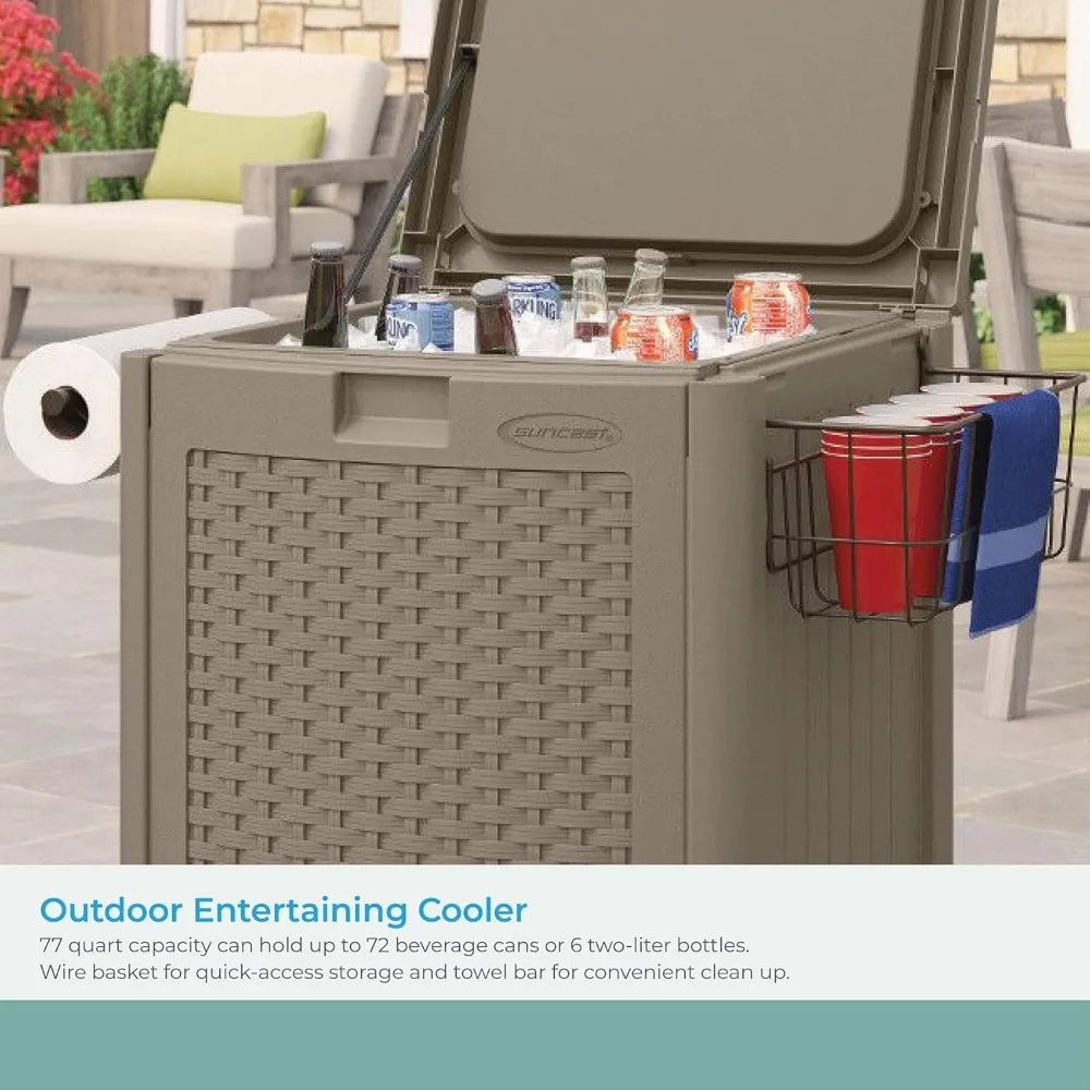 Resin 77 Quart Wicker-Look Outdoor Patio Cooler with Wheels, Hinged Lid, Built-In Storage Basket and Cabinet for Outdoor 3