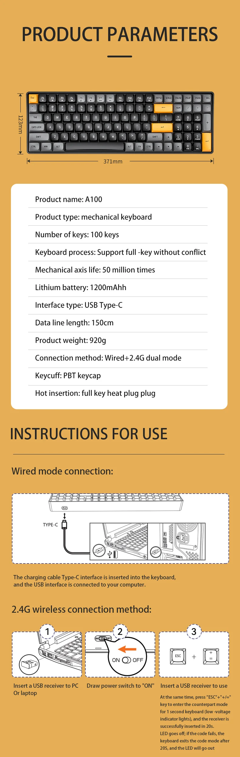 Aigo A100 Gaming Mechanical Keyboard 2.4G Wireless USB Type-c
