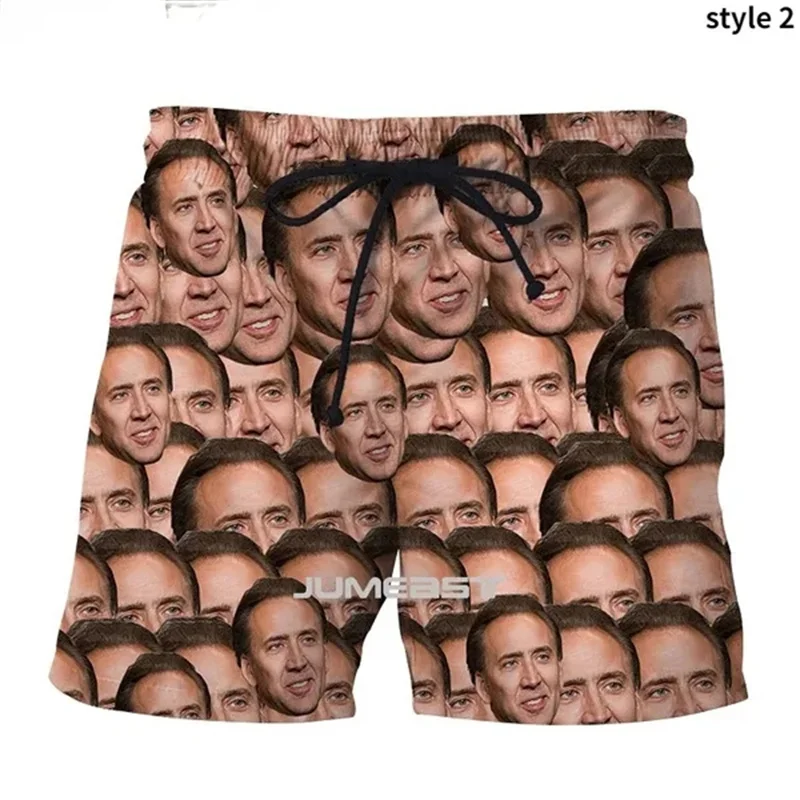 Nicolas Cage Funny Face Graphic Beach Shorts Men Cool 3D Printed Board Shorts Swimsuit Summer Hawaii Swim Trunks Kids Ice Shorts 3