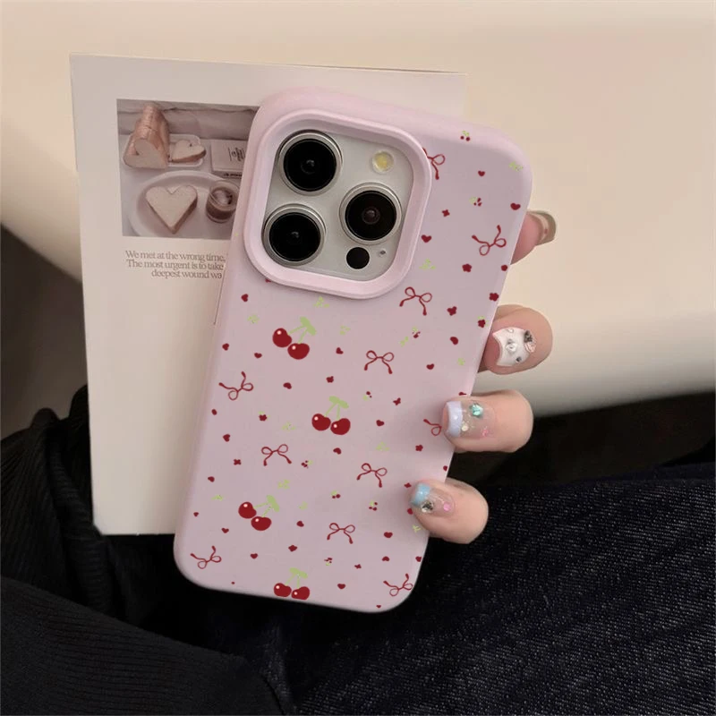 Cherry Silicone Shockproof Soft Leather Phone Case with Cute Heart and Bow Design