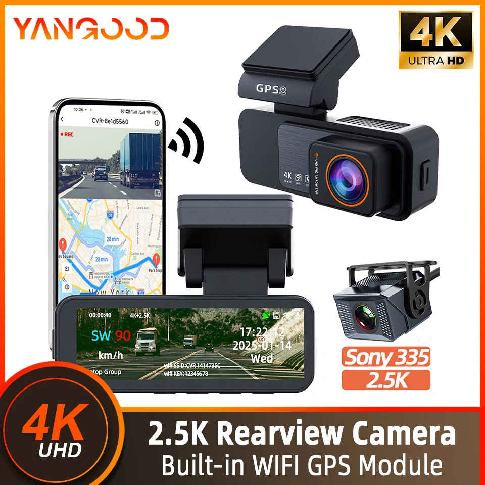 양굿 4K 미니 블랙박스 차량용 DVR GPS 속도 표시 WIFI 앱 실시간 제어 야간 시야 2.5K 후방 카메라