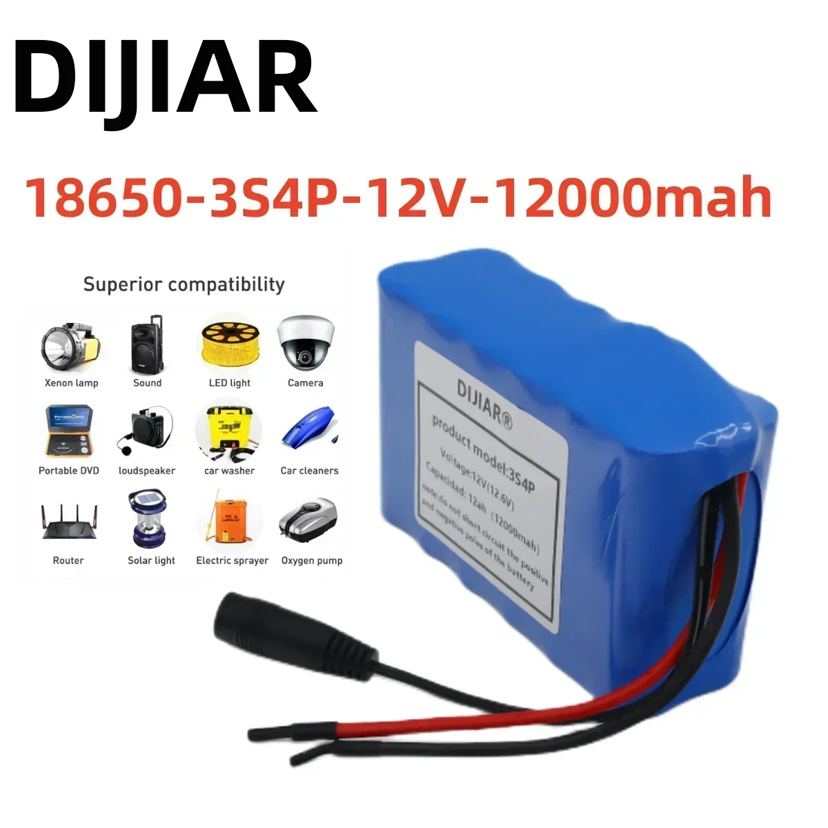 High-Capacity 12V 12Ah Rechargeable Lithium-Ion Battery Pack with BMS and Charger