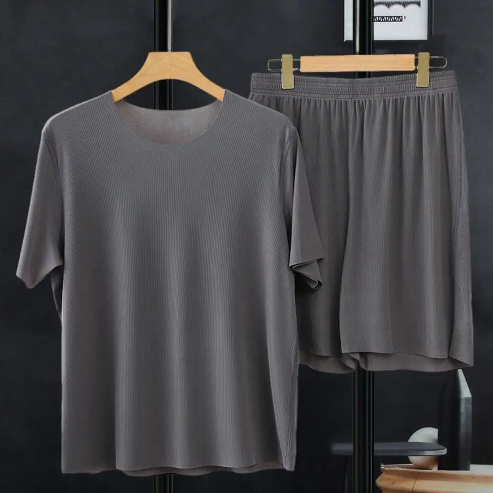 Men Homewear Set O-Neck Short Sleeve Tops Elastic Waist Wide Leg Shorts Solid Color Ice Silk Male Pajamas