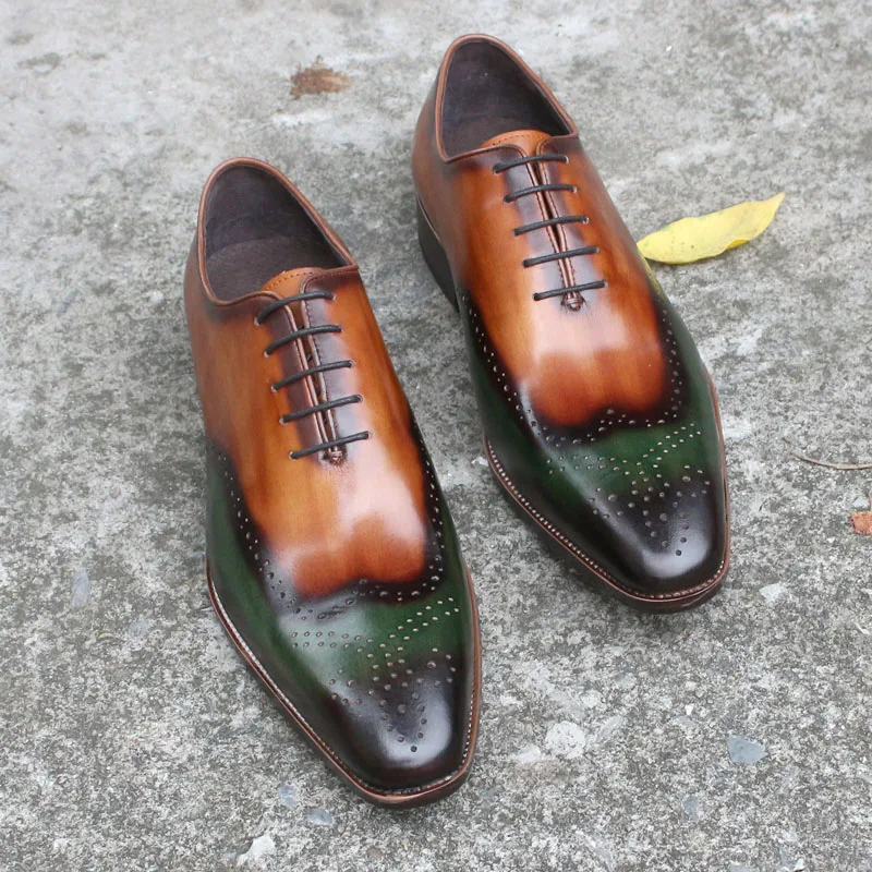 

Big Size 13-15 Mens Wingtip Oxfords Shoes Genuine Leather Italian Wedding Men Dress Shoes Green&Camel Business Formal Shoes Male