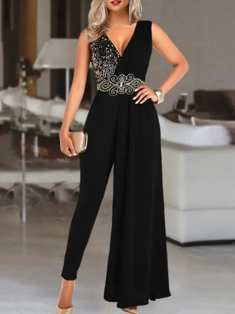 Rocwickline New Summer and Autumn Women's Ball Jumpsuits Vintage Celebrities Diamonds Crystal Sashes Elegant Slim Jumpsuits