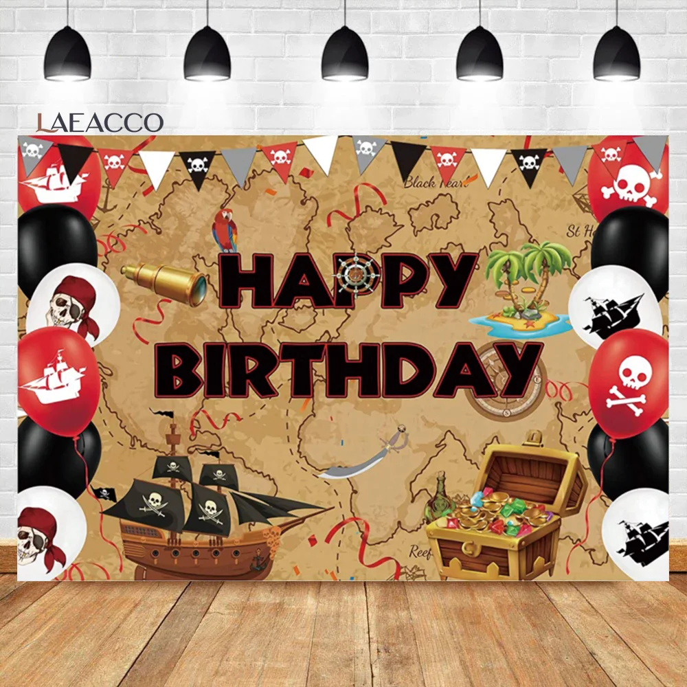 Birthday Photography Backdrops Pirate Ship Treasure Map Fishes Skull Baby Shower Backgrounds Newborn Photozone