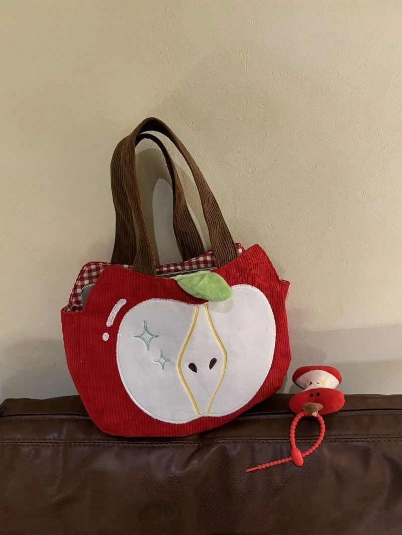 Red Apple Handbag Creative Cute Corduroy Shoulder Bag Stylish Outing Canvas Bag With Apple Pendant Casual Versatile Shoulder Bag