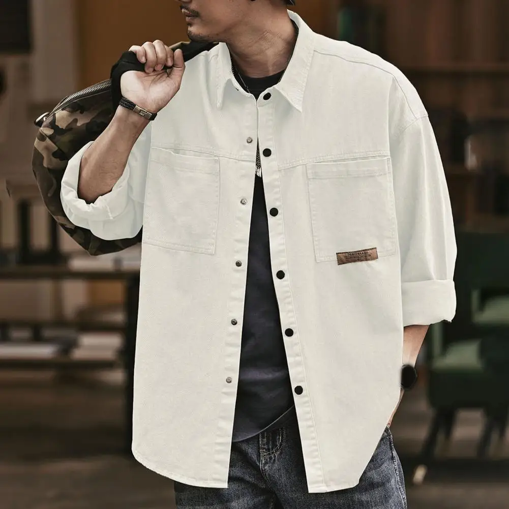 Retro Men Cargo Shirt Spring And Autumn Loose Casual Long Sleeved Shirt Solid Color Buttons Patch Pockets Men Cardigan Shirts