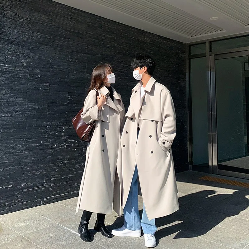 Men Trench Coat British Style Solid Double Breasted Oversize Leisure Long Windbreaker Korean Style