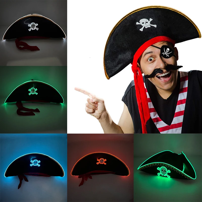 Halloween Red Streamer luminous pirate hat LED light up pirate captain cap glowing Cosplay Hat for Adult Costume Props