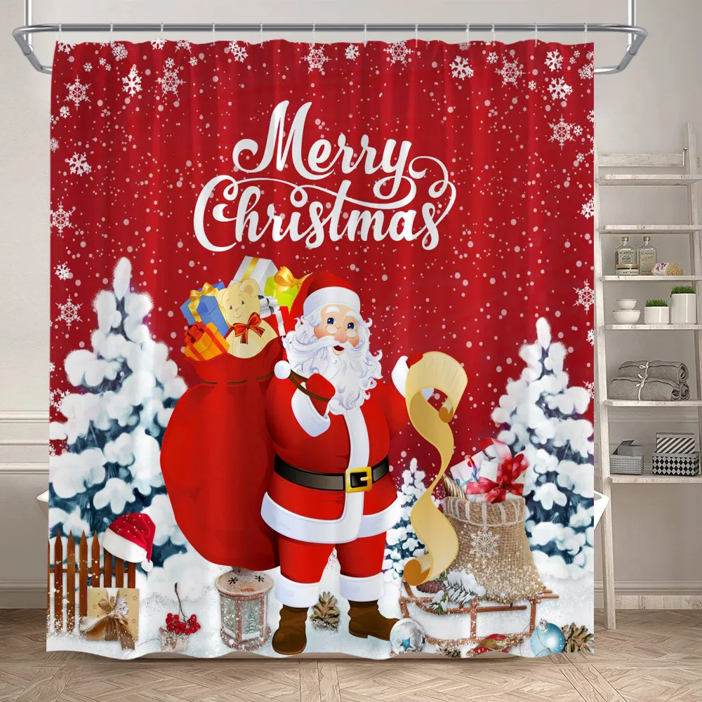 Shower Curtains Christmas Snowman Shower Curtains Red Bird Berry Rabbit Winter Forest Snowflake New Year Home Bathroom Curtain Decor With Hooks