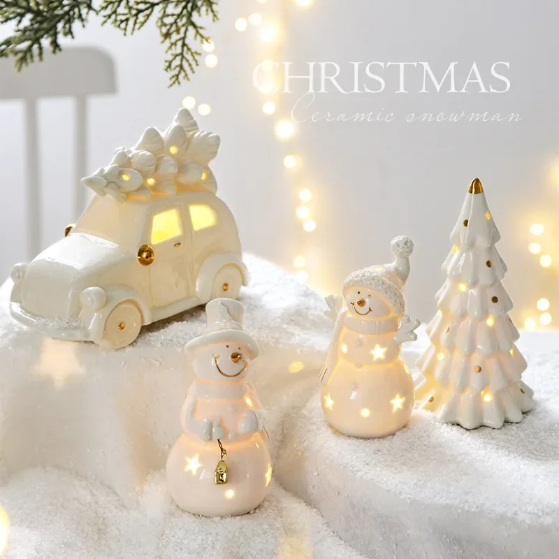 thumbnail image 2 of Muñeco de nieve luminoso de cerámica para Navidad, coche luminoso, pequeño adorno de escritorio para el hogar, regalo de Navidad, 2 of 5