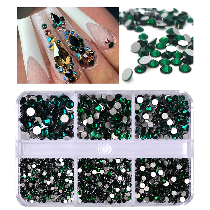 

6 Grids/Box Emerald Color Mixed Sizes Nail Rhinestones Non Hotfix Flatback Nails Accessories for DIY Design Nail Art Decoration