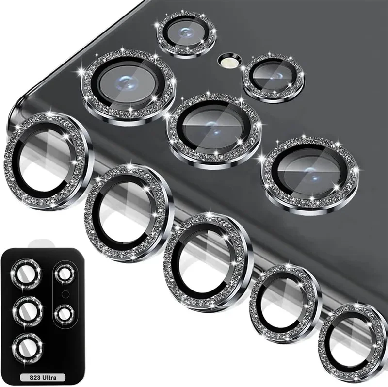 Sparkling Diamond Camera Lens Protector with Metal Ring and Tempered Glass Cover
