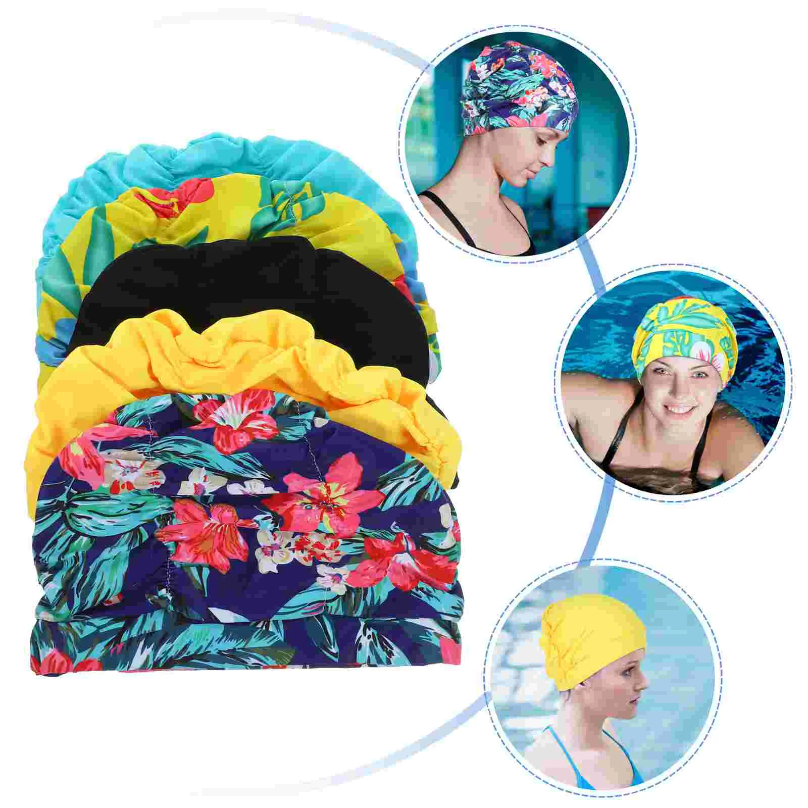 Caps Hats Pleated Cloth Swimming Cap for Larger Head Circumference Hair Tie Adults