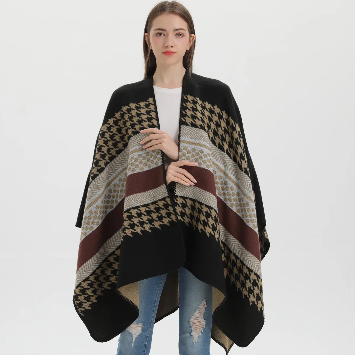 Vintage Elegant Striped Plaid Capes Women Fashion Loose Warm Split Shawl Poncho 2023 Autumn Winter New