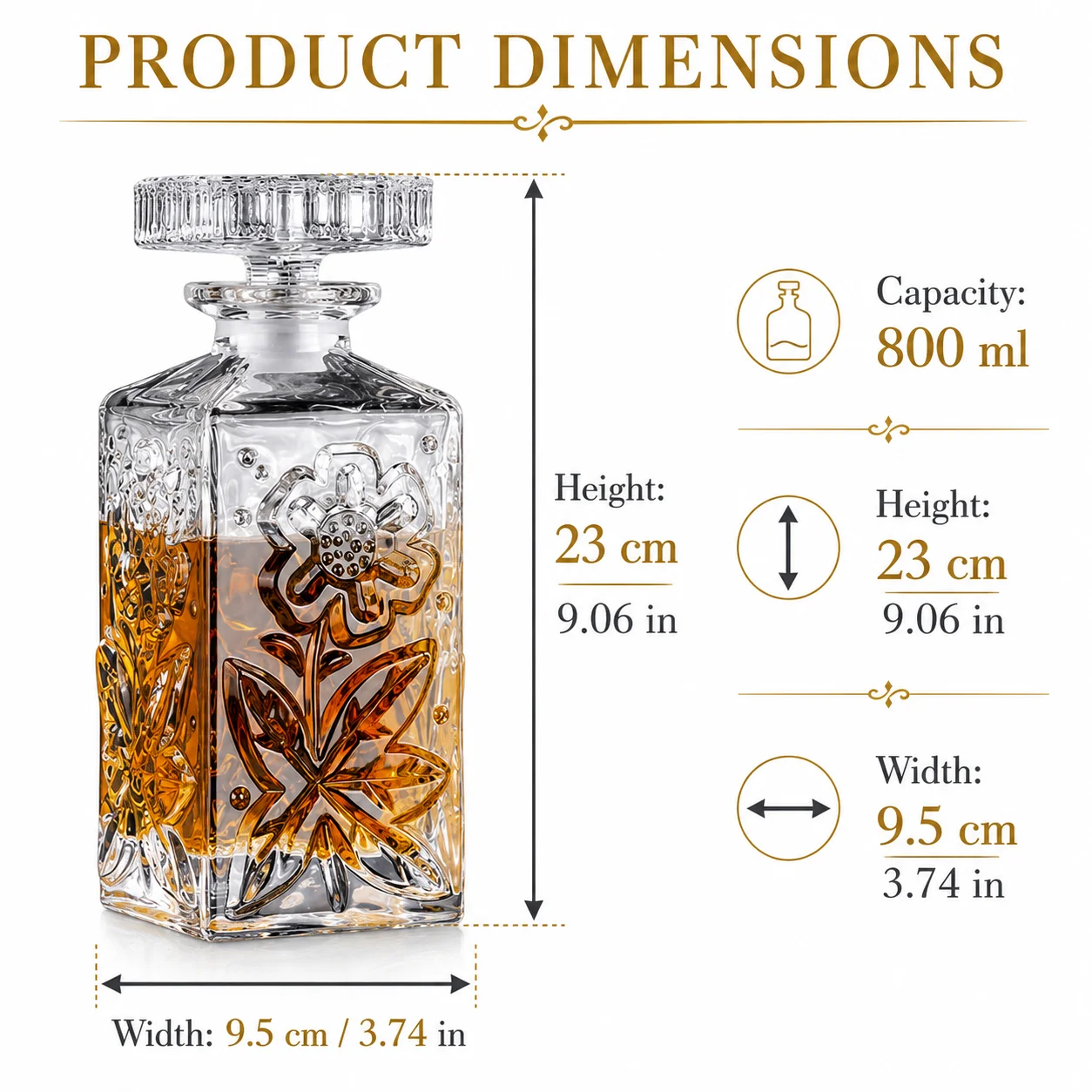 크리스탈 위스키 디캔터 800ml, 마개가 있는 유리 주류병, 버번, 스카치, 브랜디, 홈 바 선물용 꽃무늬 디자인