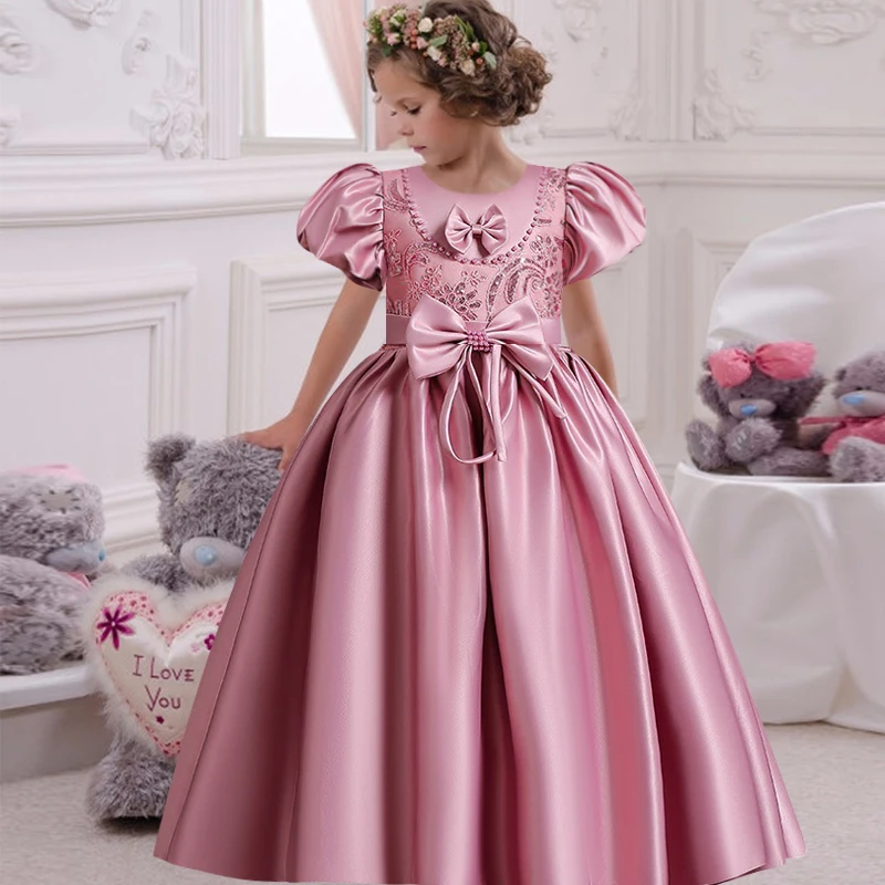 Girls' Satin Formal Wedding Beaded Bubble Sleeve Spinning Long Dress Princess Prom Party Evening Dress 3-10T