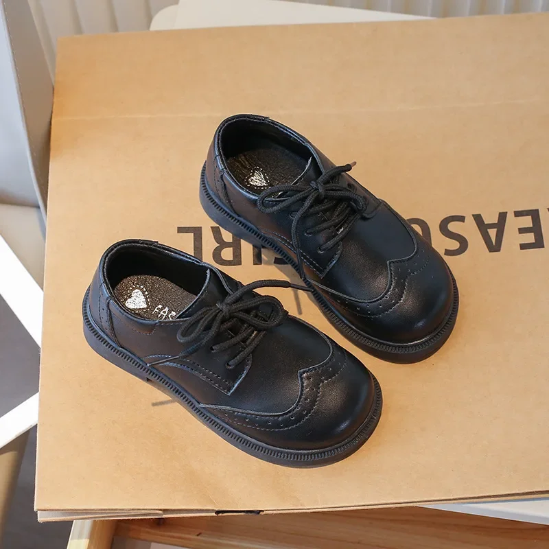 Leather Kids School Shoes Black Lace Up Breathable