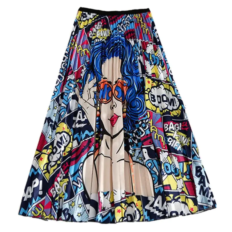 

Women Color Block Graffiti Cartoon Empire High Waist Pleated Swing Midi Skirt