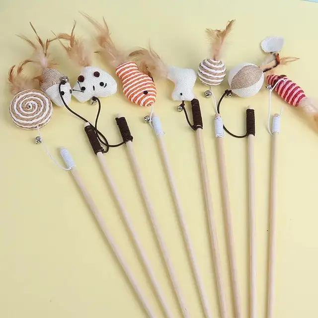 Cat Toy Cat Teaser Stick Handmade Cotton And Linen Woven Wooden Pole Cat Teaser Stick Cute Simulation Mouse Cat Interactive Toy 4