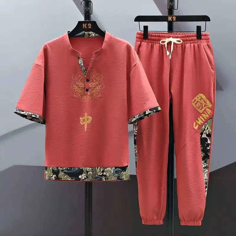 Summer Chinese Style Linen Tang Suit Traditional Clothing Men Tai Chi Uniform Retro Print V-neck Short Sleeve Shirt Pants Set 3