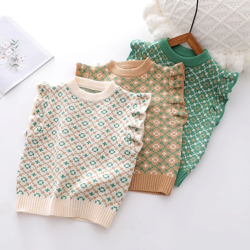 

Autumn Winter Girls Waistcoats Knitted Sweater Vest O-neck Jacquard Weave Vintage Sleeveless Children Outerwear Coats Knitwear