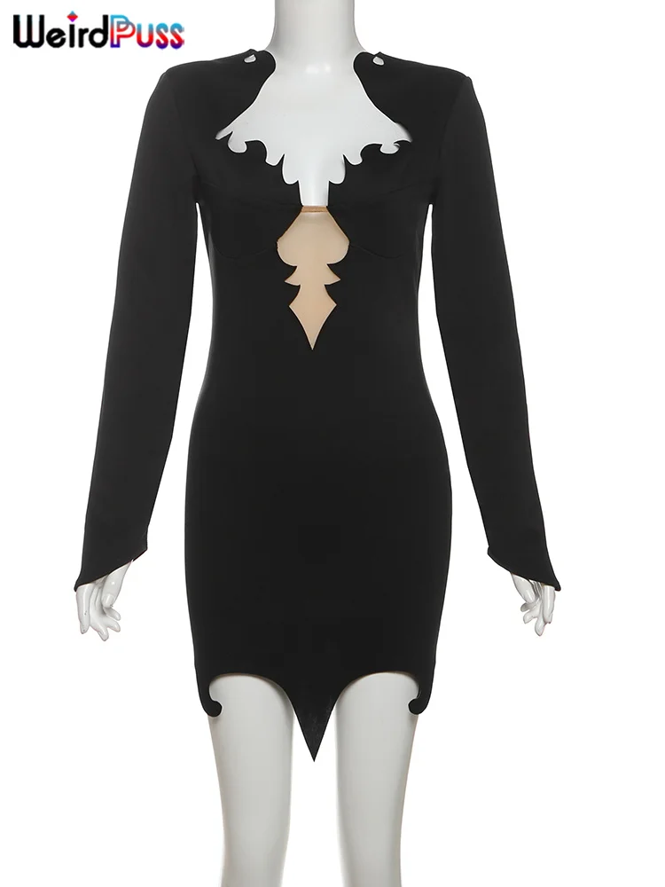 Weird Puss Flame Low-Neck Dress Women Mesh Patchwork Chic Hem Full Sleeve Hipster Elegant Banquet Party Clubwear Mini Bodycon 6
