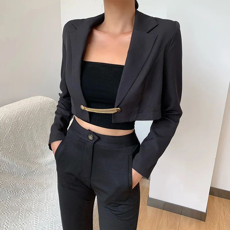 Women Punk Style Blazers Casual Metal Chain Black Suit Vintage Autumn Long Sleeve Blazer Korean Fashion Streetwear Cropped Tops iamsure patchwork knitted cropped sweaters women 2021 autumn winter casual long sleeve o neck tops fashion streetwear ladies