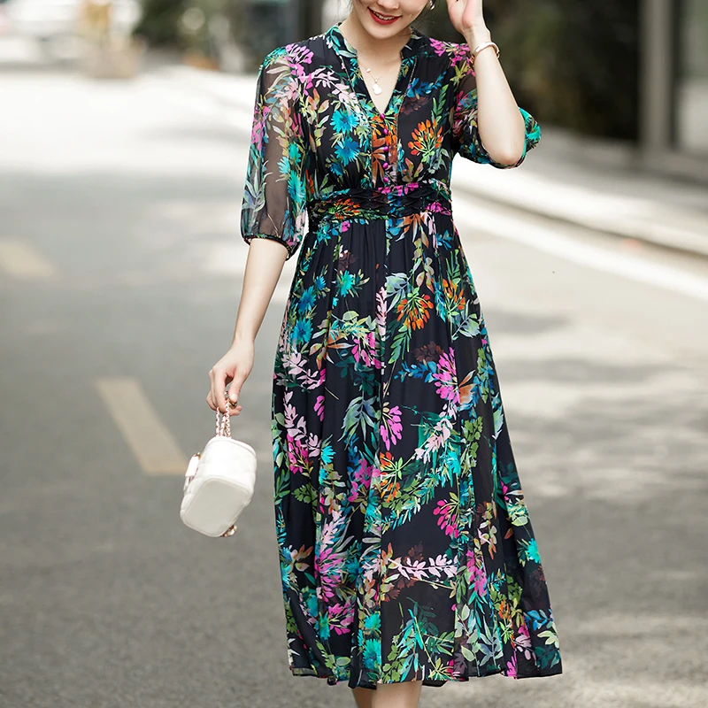 

Женское длинное винтажное платье миди, элегантное шикарное платье из 2024 натурального шелка с V-образным вырезом и высокой талией, лето 100%