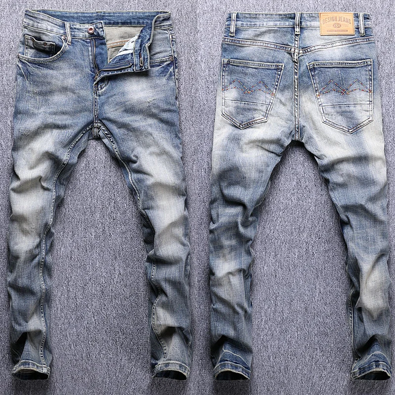 Newly Designer Fashion Men Jeans Retro Blue Elastic Slim Fit Ripped Jeans Men Trousers Vintage Casual Stretch Denim Pants Hombre fashion men s jeans pants stretch dark blue skinny jeans for men casual slim fit denim pants korean style male trousers jeans