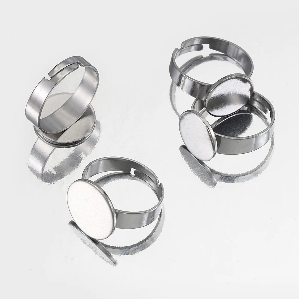 Set of 10 Stainless Steel Adjustable Ring Settings with Round Bezel Blanks