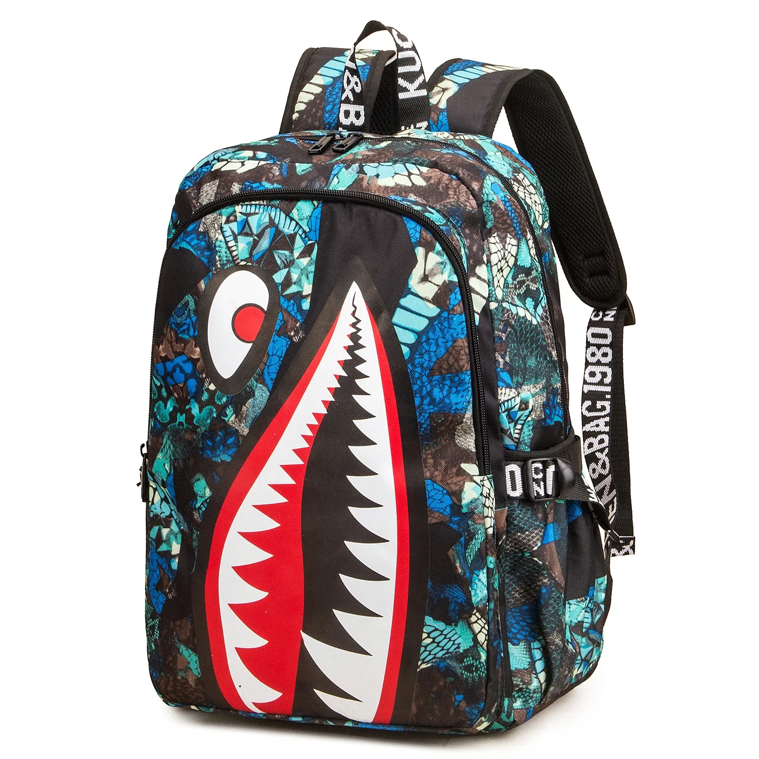 Cool shark mouth prints bagpack boy camouflage college bags