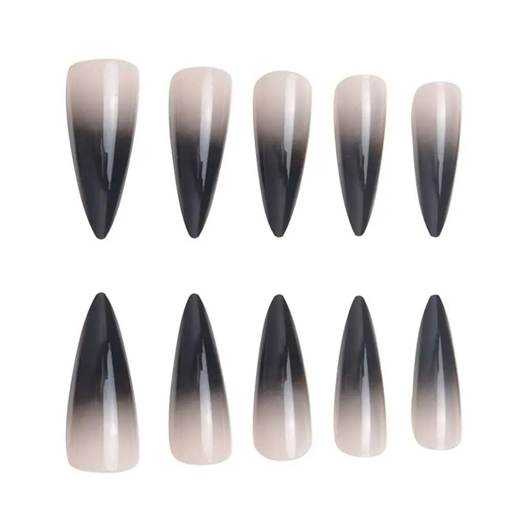 24pcs Nail Tips Gradient Black DIY Full Cover Long Stiletto Fake Nails French