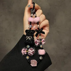 Cartoon Crystal Bear Plush Ball Luxury Wrist Chain with Beaded Lanyard (Pink)
