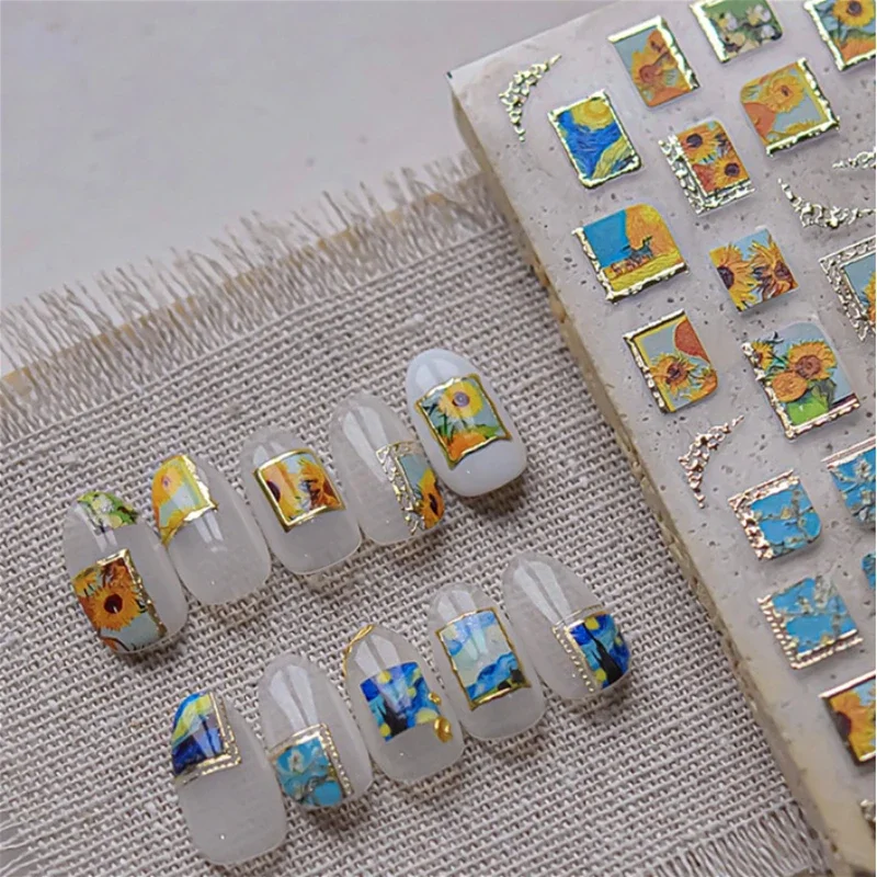 Hot Stamping Colourful Sunflower Starry Night Impressionism Embossment nail art decoration nail stickers nail decals Shiny Rhinestone Manicure Decal