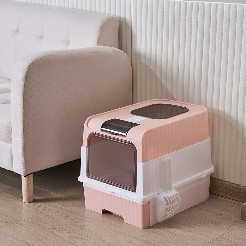 Large Foldable Cat Litter Box with Scoop - Odor Control Easy to Clean Front Entry  Top Exit