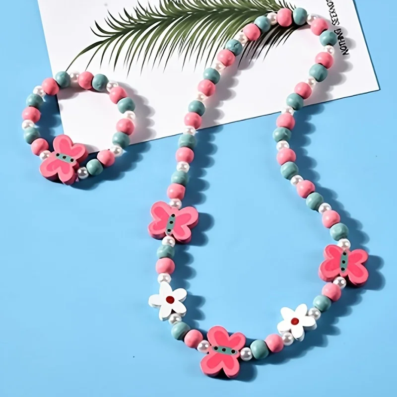 

2pcs/Set Fashion Wood Beads Jewelry Cute Animal Pattern Necklace Bracelet for Children Jewelry