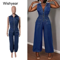 Fashion Streetwear Overalls Women Pocket Zipper Hooded Elastic Waist Denim Jumpsuits Blue One Pieces Wide Leg Pants Jeans Romper