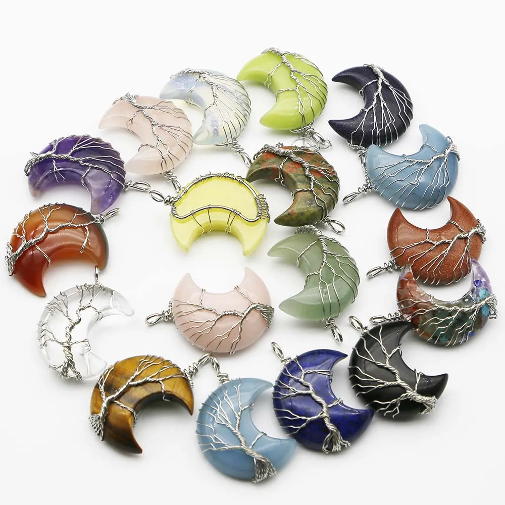 Natural Stone Crystal Agate Moon Necklace Pendant Life Fortune Tree Handmade Silver Winding Wire Fashion Charm Jewelry Gift 4Pcs